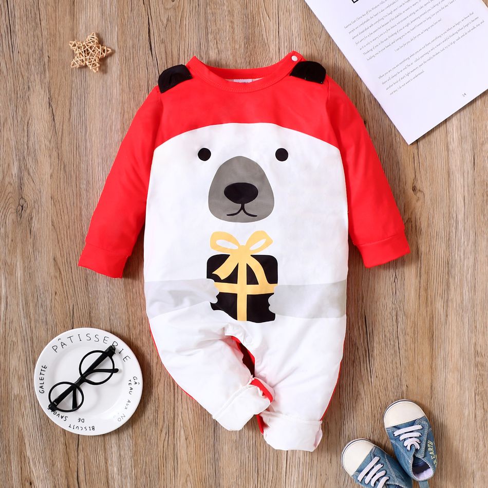 Baby Boy/Girl Cartoon Bear and Gift Box Print Long-sleeve Jumpsuit Red