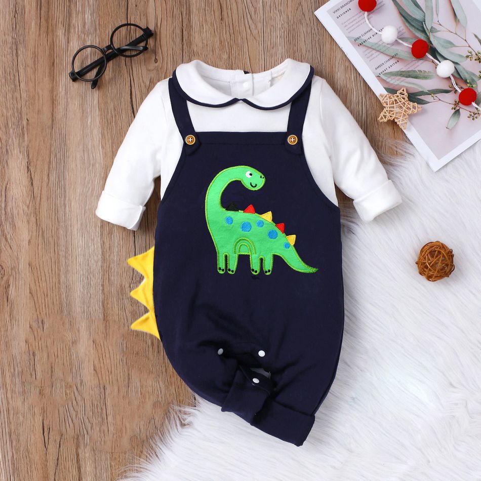 100% Cotton Baby Boy Cartoon Dinosaur Embroidered Peter Pan Collar Long-sleeve Faux-two Jumpsuit Royal Blue