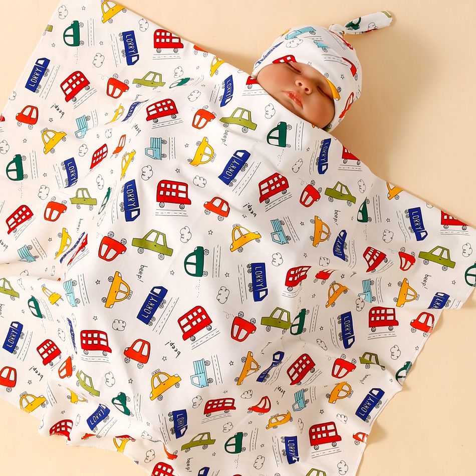 Conjunto de 2 embrulhos com padrão de tráfego para recém-nascidos, cobertor para bebê, saco de dormir, cobertor e gorro conjunto Azul big image 4