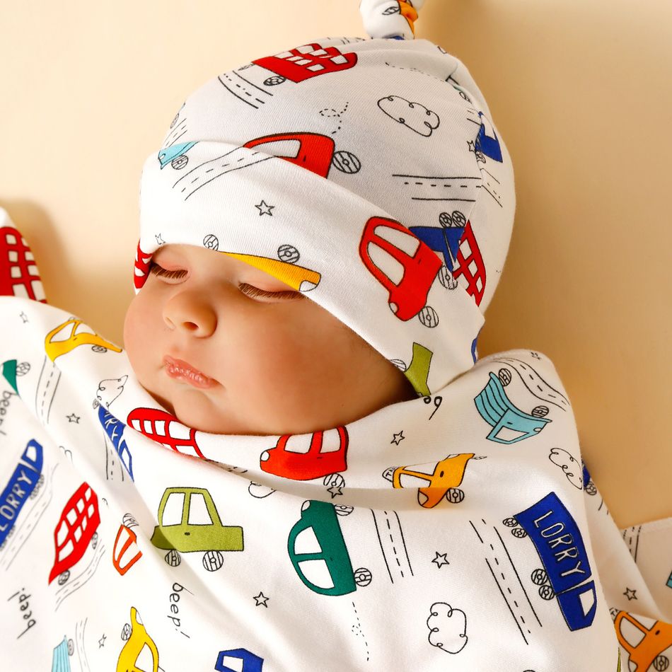 Conjunto de 2 embrulhos com padrão de tráfego para recém-nascidos, cobertor para bebê, saco de dormir, cobertor e gorro conjunto Azul big image 5