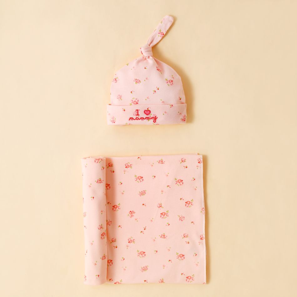 2-pack 100% Cotton Floral Print Newborn Swaddle Receiving Blanket Baby Sleeping Bag Swaddles Wrap Blanket and Beanie Hat Pink big image 1