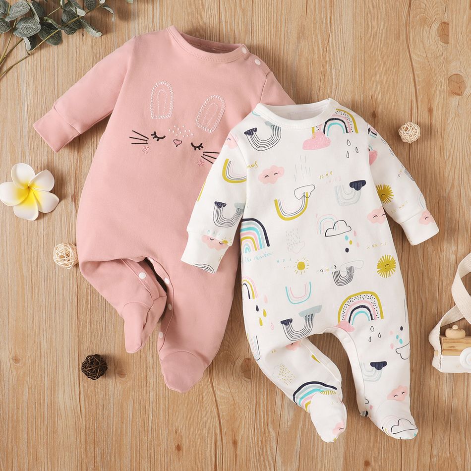 100% Cotton Rabbit Embroidery or Rainbow Print Footed/footie Long-sleeve Baby Jumpsuit Light Pink big image 5