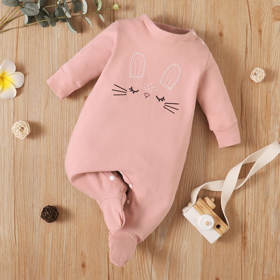 100% Cotton Rabbit Embroidery or Rainbow Print Footed/footie Long-sleeve Baby Jumpsuit Light Pink big image 7