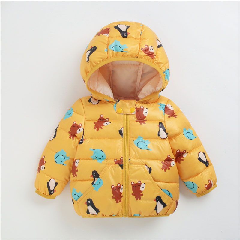 Cartoon Animals Print Long-sleeve Hooded Baby Coat Yellow big image 1
