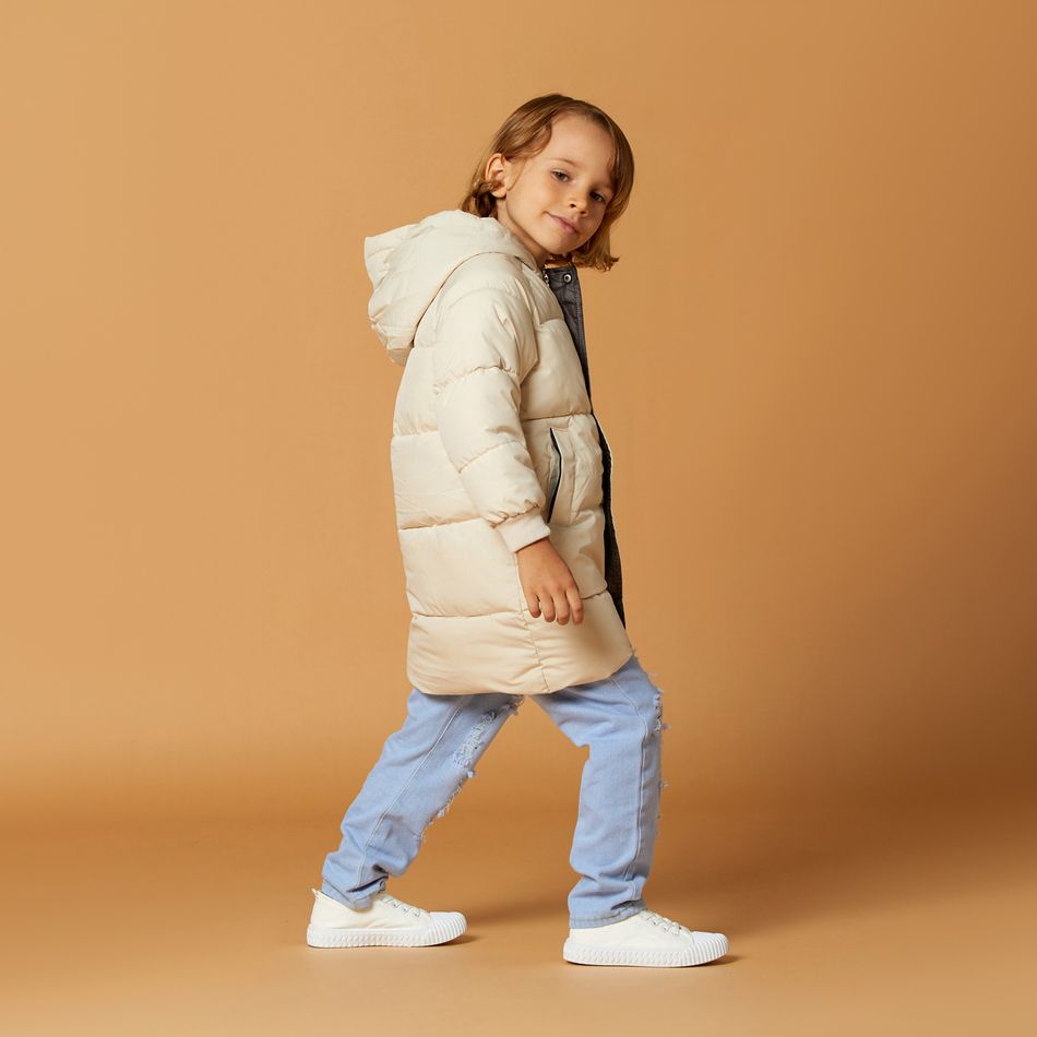 Toddler Boy/Girl Basic Solid Color Hooded Button Design Padded Coat Beige big image 5