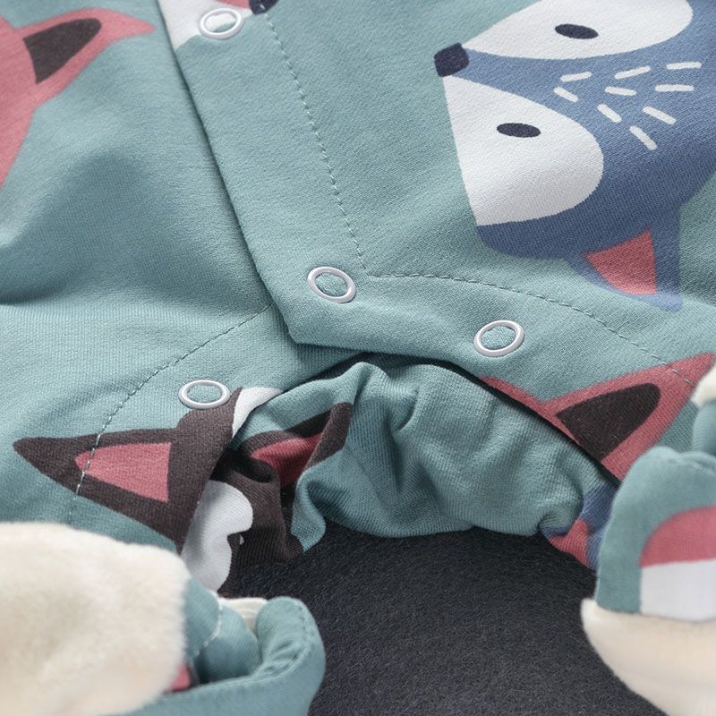 Baby Boy/Girl Long-sleeve Fox Print Hooded Fleece Lined Jumpsuit Bluish Grey big image 2