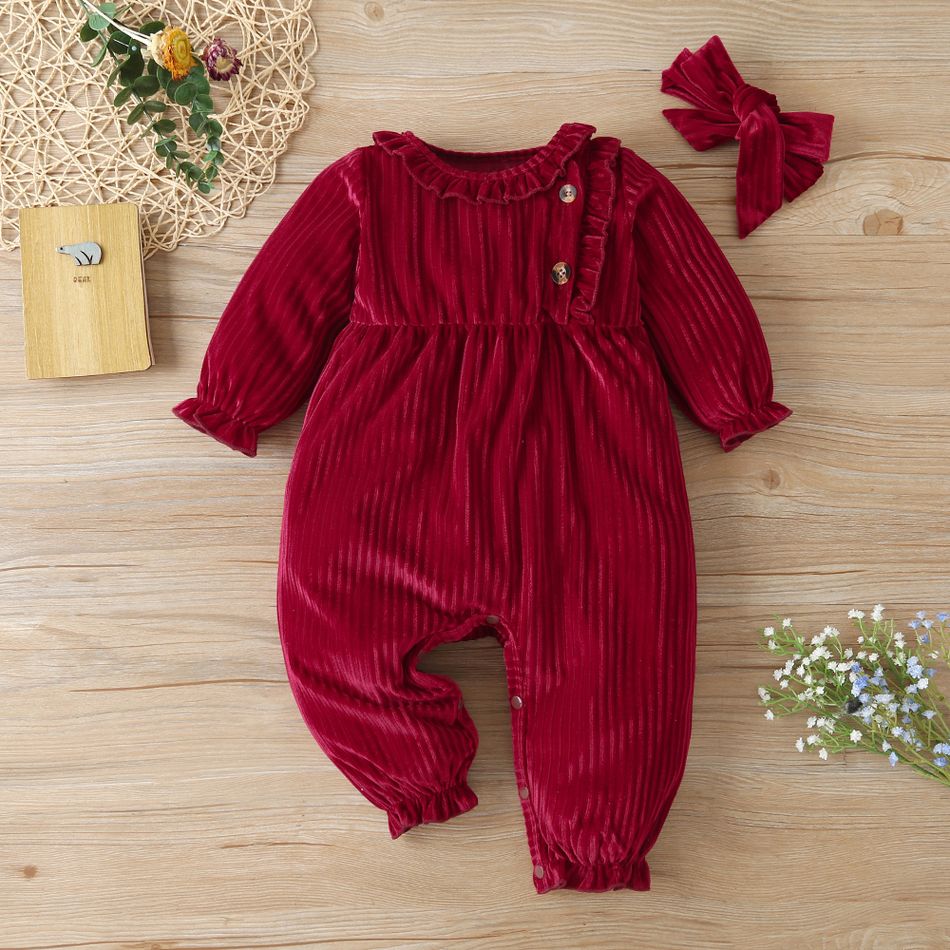 2pcs Solid Ruffle Decor Long-sleeve Baby Jumpsuit Red big image 1
