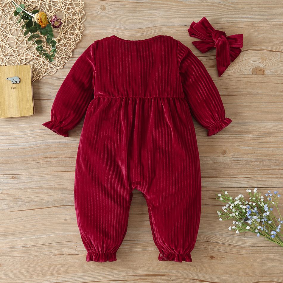 2pcs Solid Ruffle Decor Long-sleeve Baby Jumpsuit Red big image 7