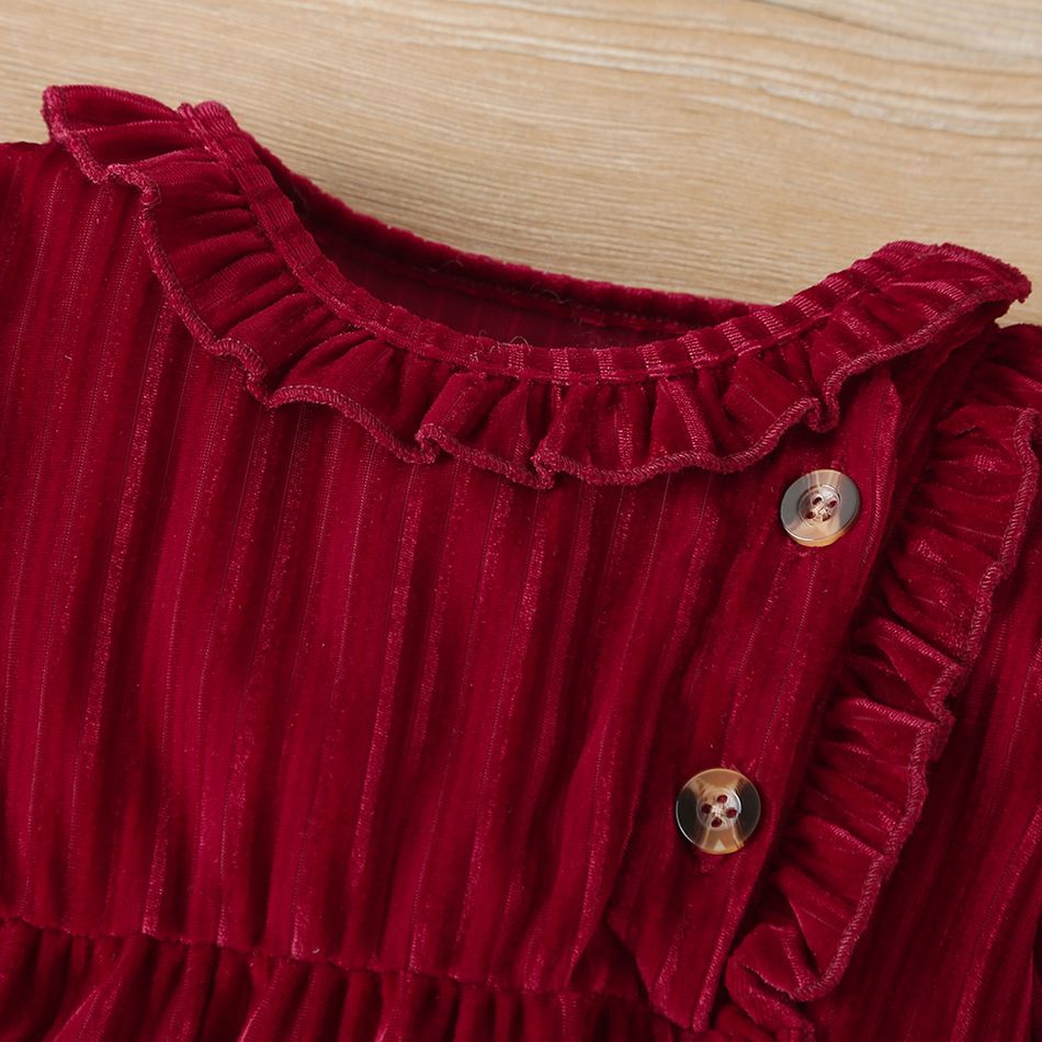 2pcs Solid Ruffle Decor Long-sleeve Baby Jumpsuit Red big image 2