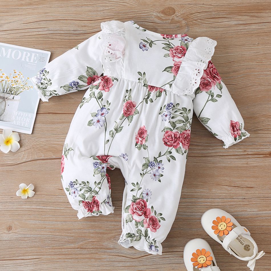 Floral Allover Bow and Lace Decor Long-sleeve Baby Jumpsuit White big image 2