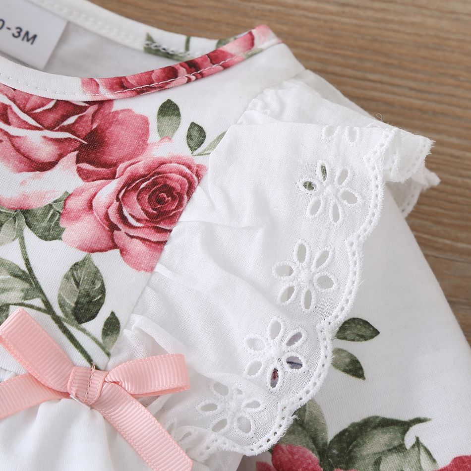 Floral Allover Bow and Lace Decor Long-sleeve Baby Jumpsuit White big image 4
