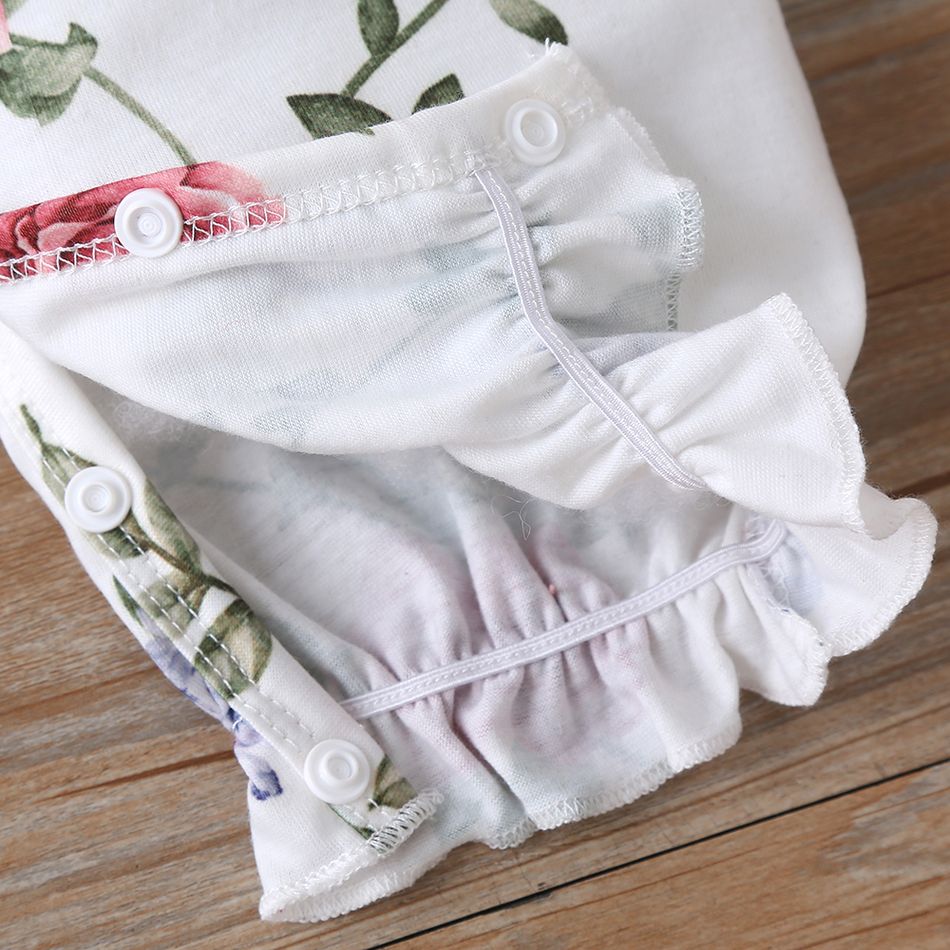 Floral Allover Bow and Lace Decor Long-sleeve Baby Jumpsuit White big image 8