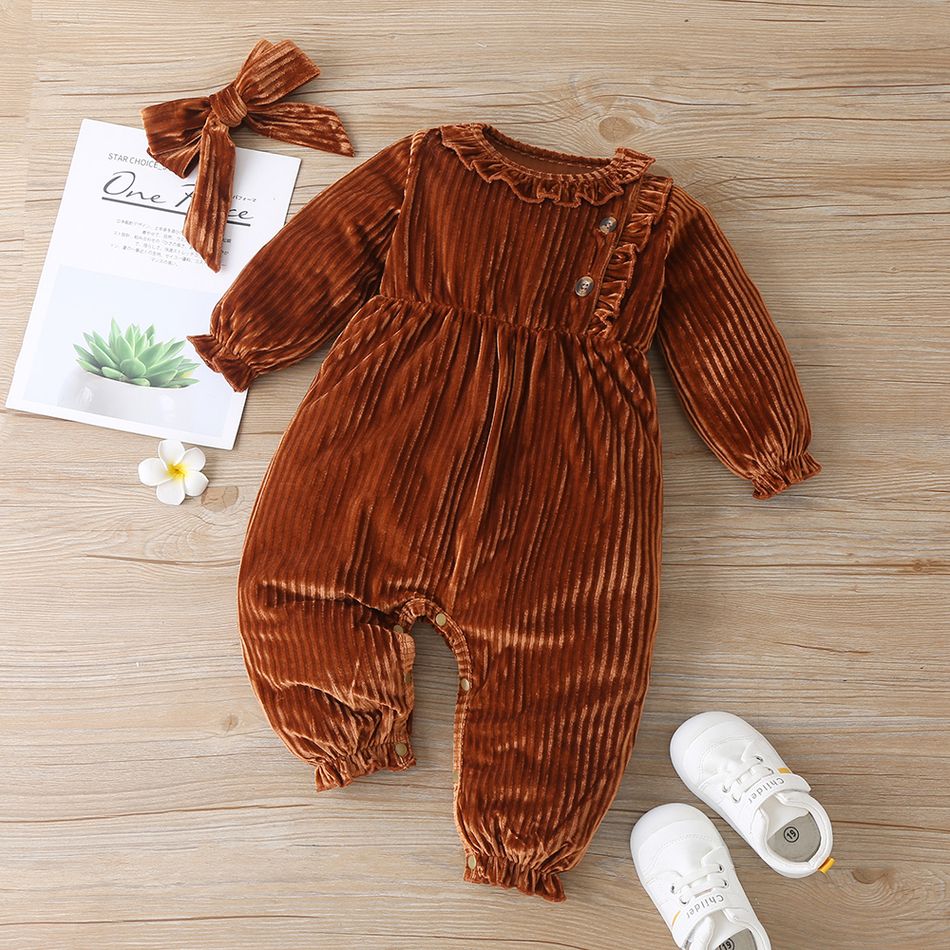 2pcs Solid Ruffle Decor Long-sleeve Baby Jumpsuit Brown