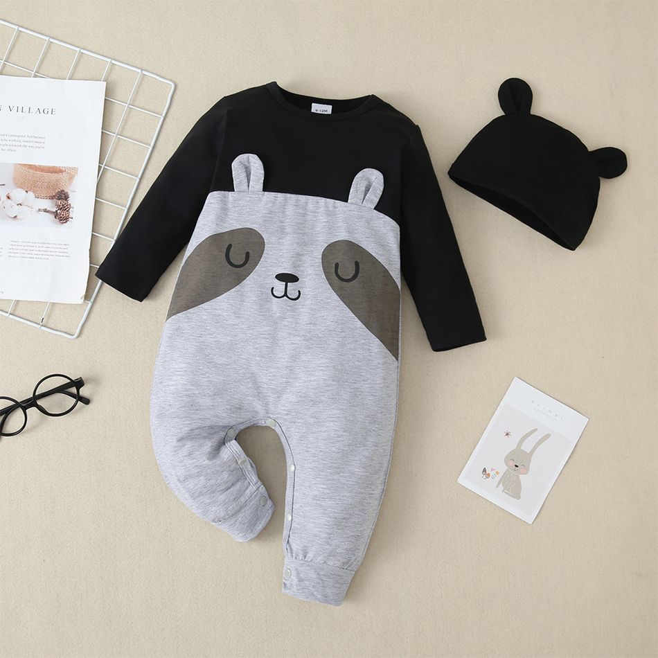 2pcs Raccoon Print Splice 3D Ear Long-sleeve Baby Set Light Grey big image 1