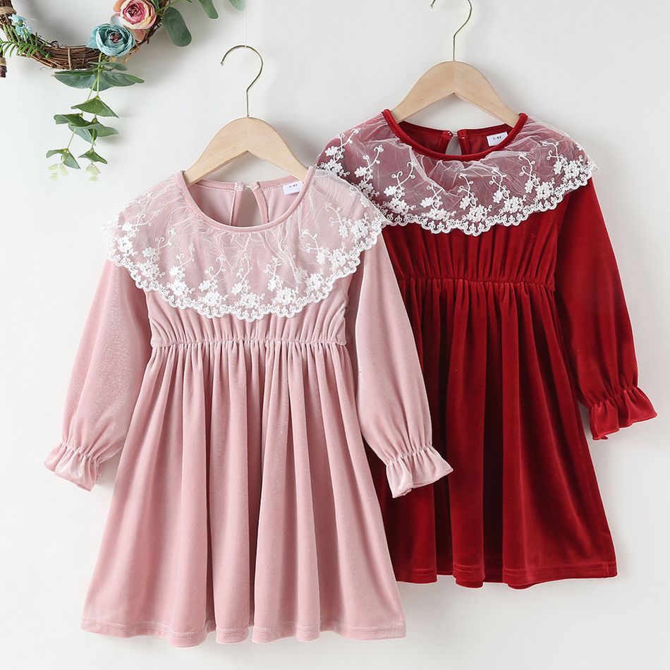 Toddler Girl Lace Design Long-sleeve Velvet Dress Red