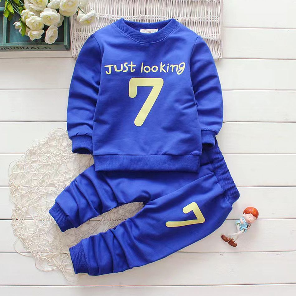 2-piece Toddler Boy Letter Number Print Pullover Sweatshirt and Pants Set Dark Blue big image 1