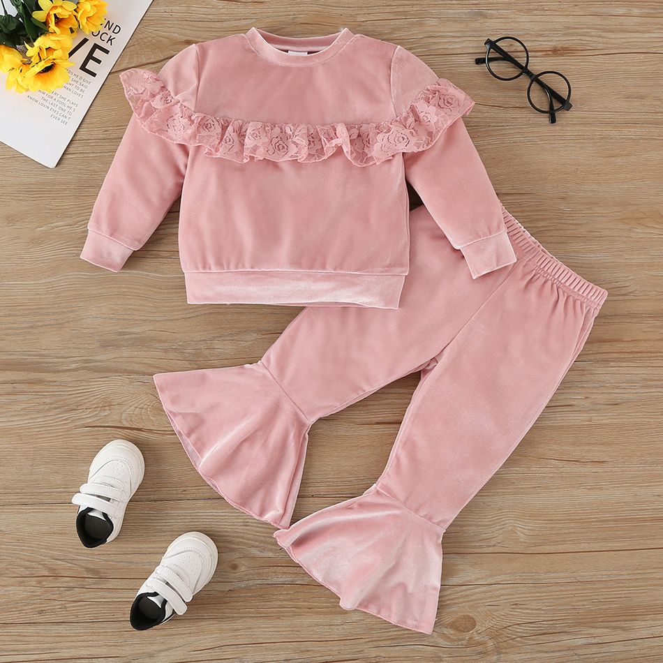 2-piece Toddler Girl Ruffled Lace Design Velvet Sweatshirt and Flared Pants Set Light Pink