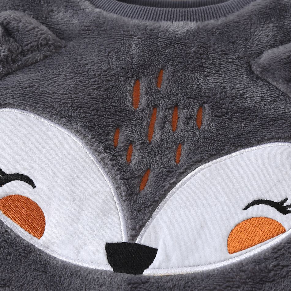 2-piece Toddler Girl/Boy Fox Pattern Ear Design Fuzzy Sweatshirt and Pants Set Dark Grey big image 4