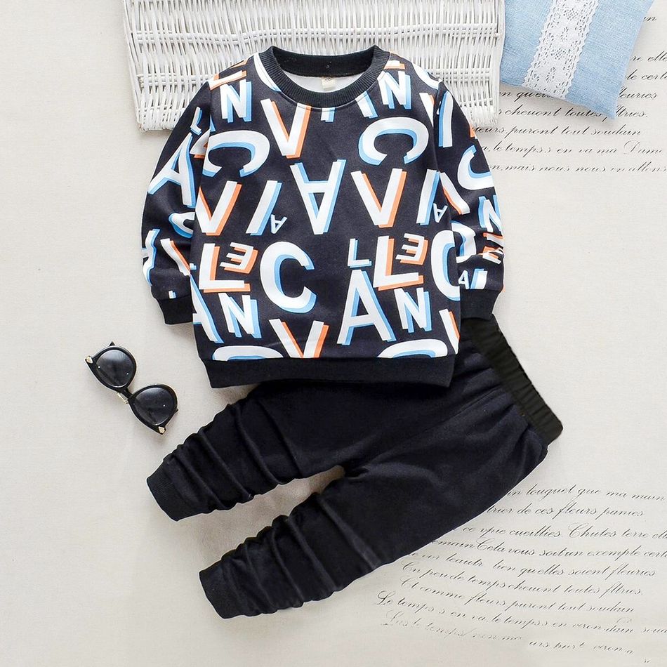 2-piece Toddler Boy Letter Print Pullover Sweatshirt and Black Pants Set Black big image 1
