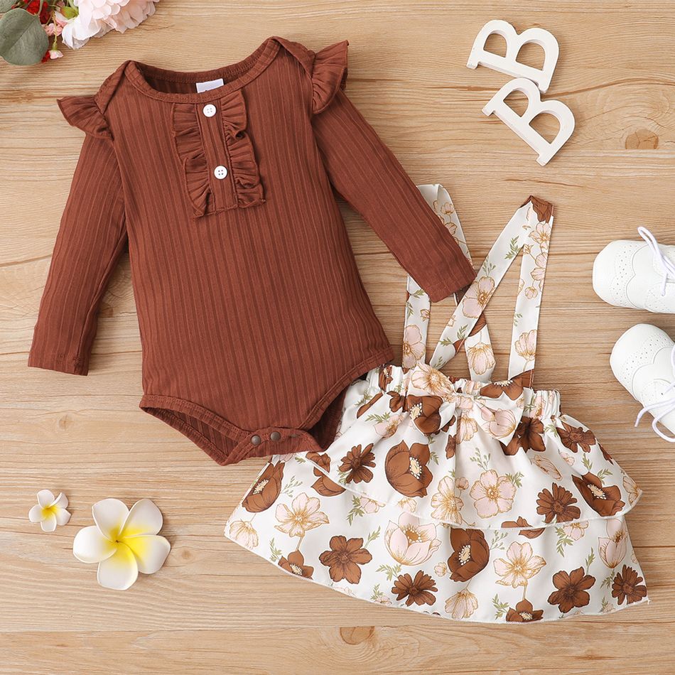 2-piece Baby Girl Ruffled Ribbed Long-sleeve Top and Floral Print Bowknot Design Suspender Skirt Set Coffee