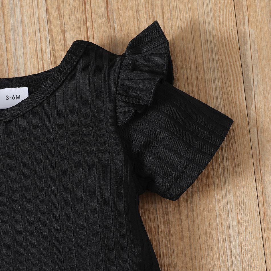 3pcs Baby Girl Black Ribbed Short-sleeve Romper and Tweed Skirt with Headband Set Black big image 5