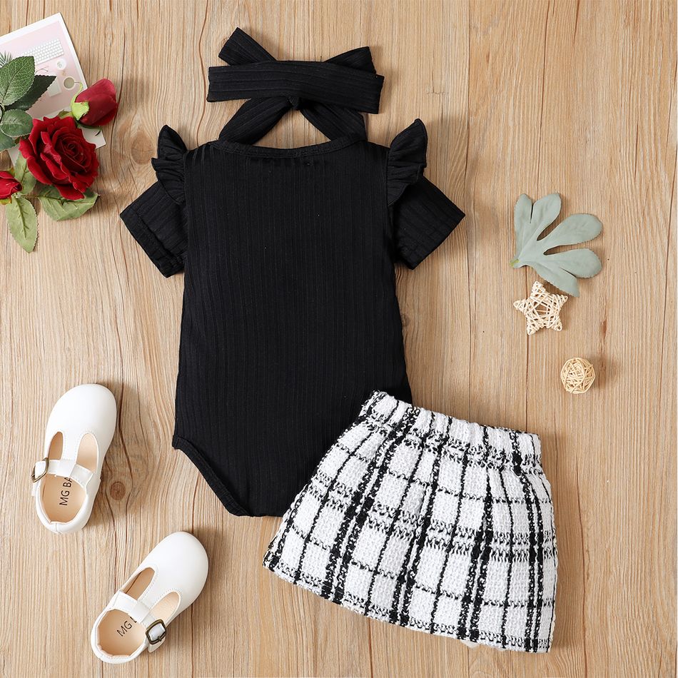 3pcs Baby Girl Black Ribbed Short-sleeve Romper and Tweed Skirt with Headband Set Black big image 2