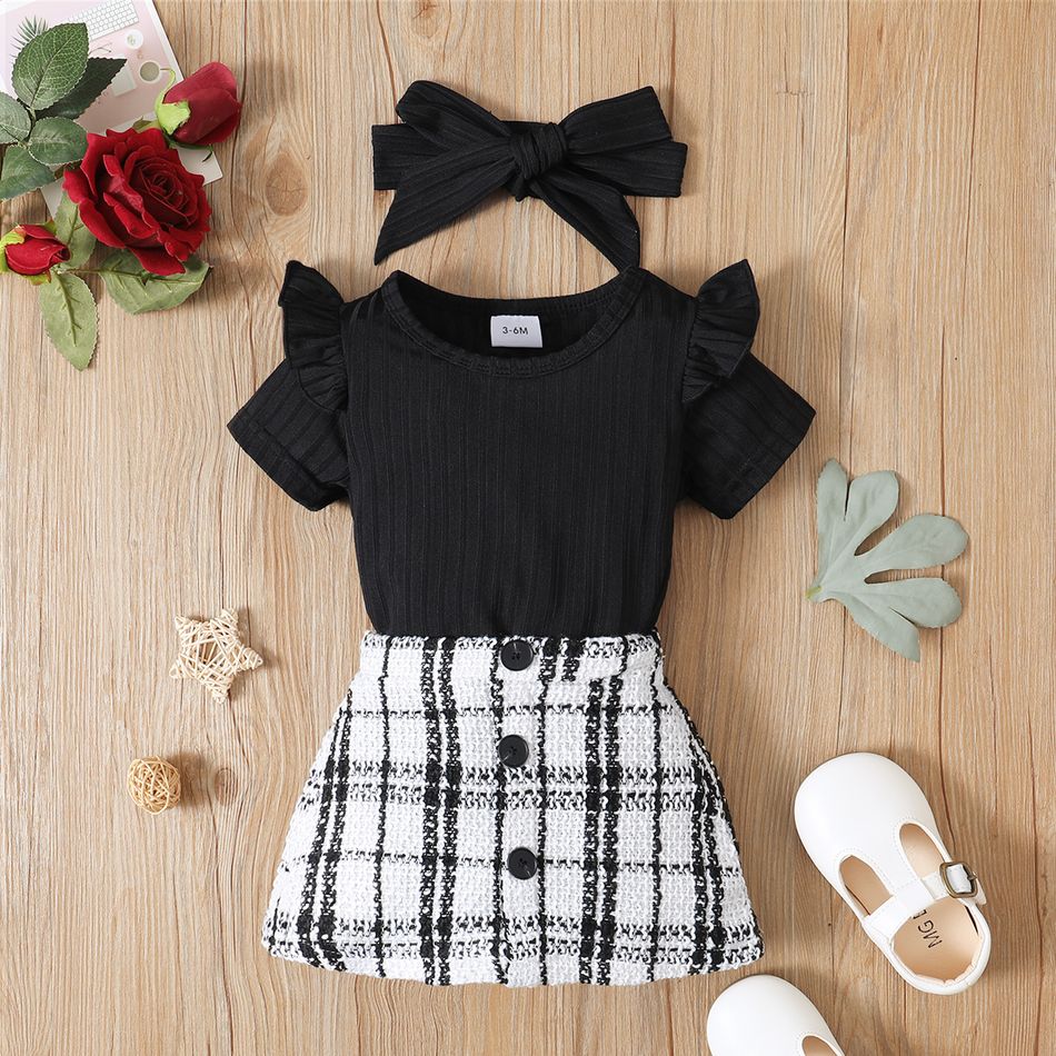 3pcs Baby Girl Black Ribbed Short-sleeve Romper and Tweed Skirt with Headband Set Black big image 3