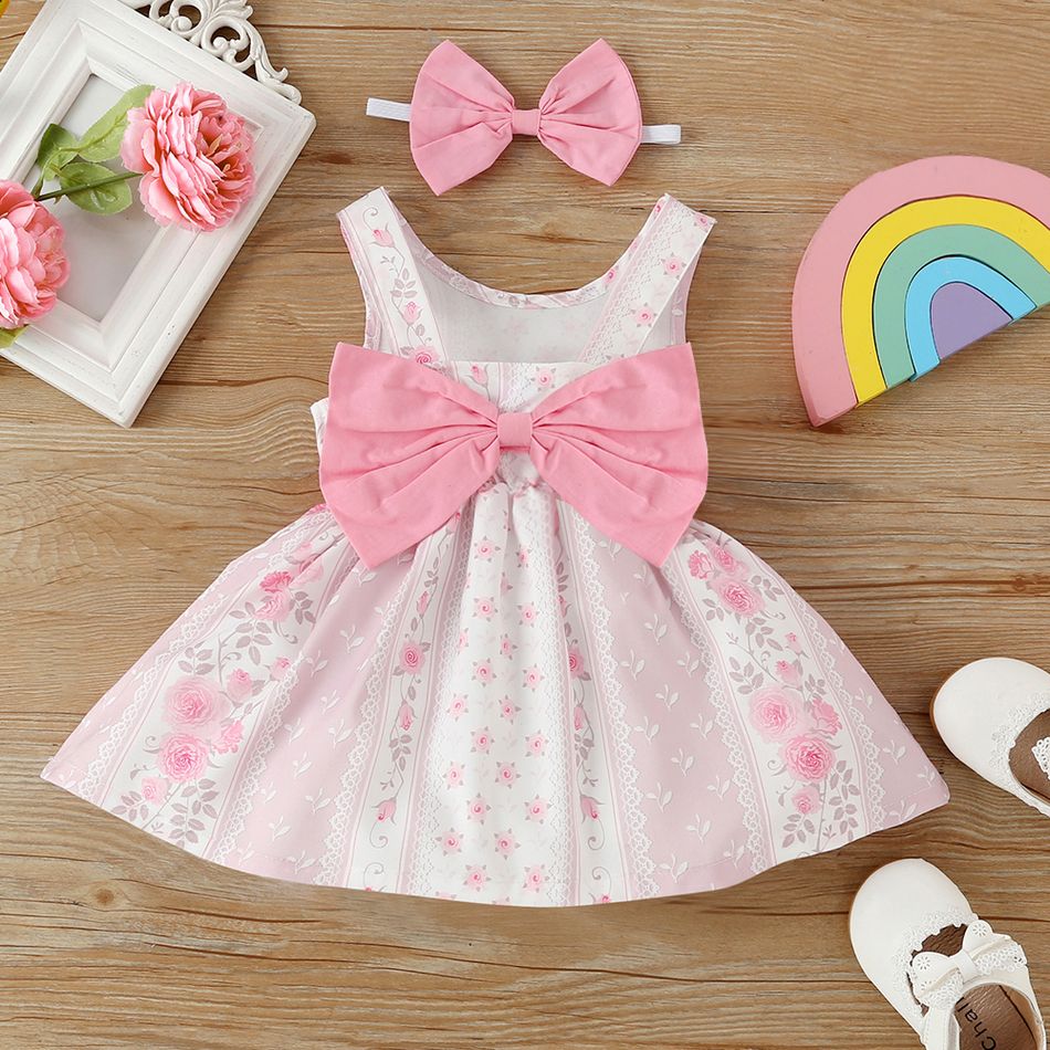 2pcs Baby Girl Bowknot Design Allover Pink Floral Print Sleeveless Dress with Headband Set Light Pink