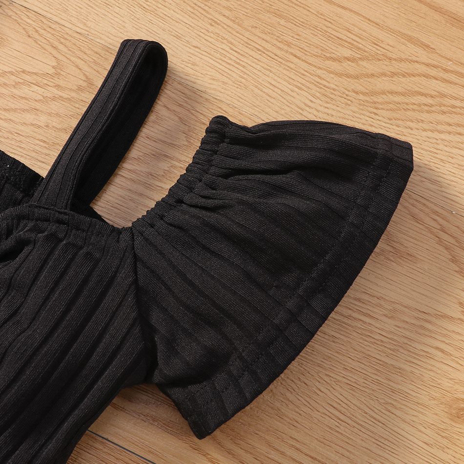 2pcs Baby Girl Black Ribbed Cold Shoulder Short-sleeve Crop Top and Plaid Flared Pants Set Black big image 5