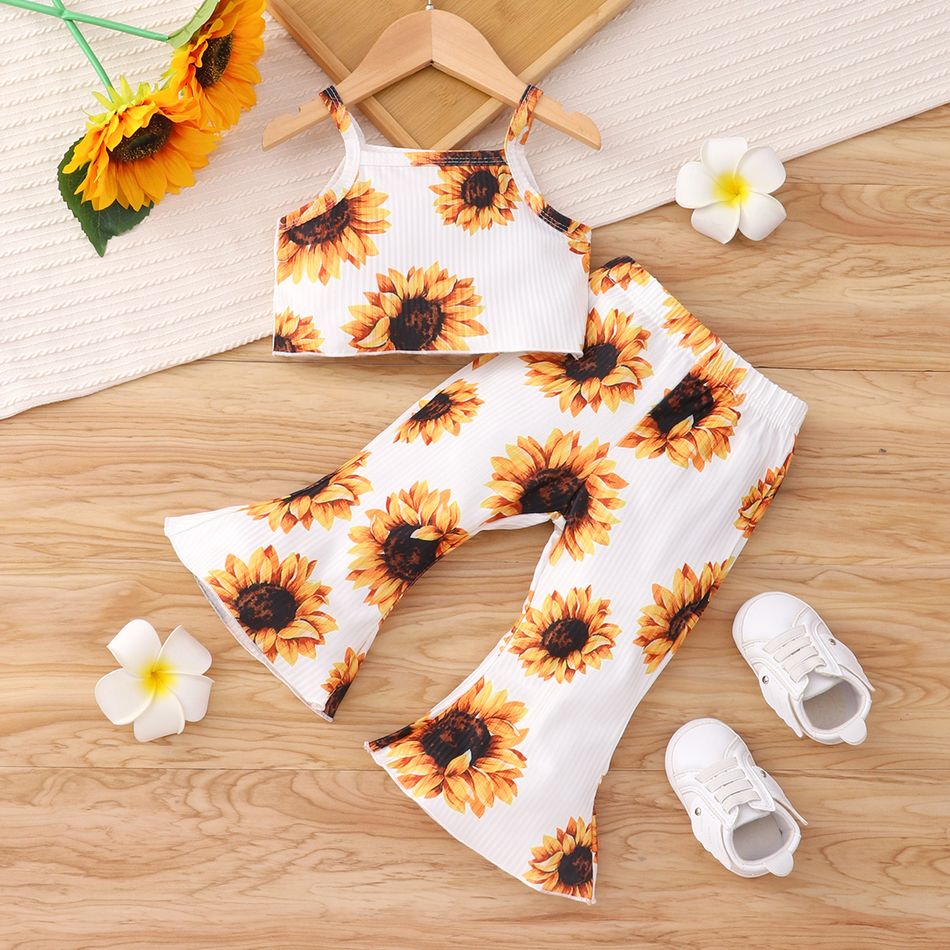 2pcs Baby Girl All Over Sunflower Floral Print Ribbed Spaghetti Strap Crop Top and Flared Pants Set Ginger