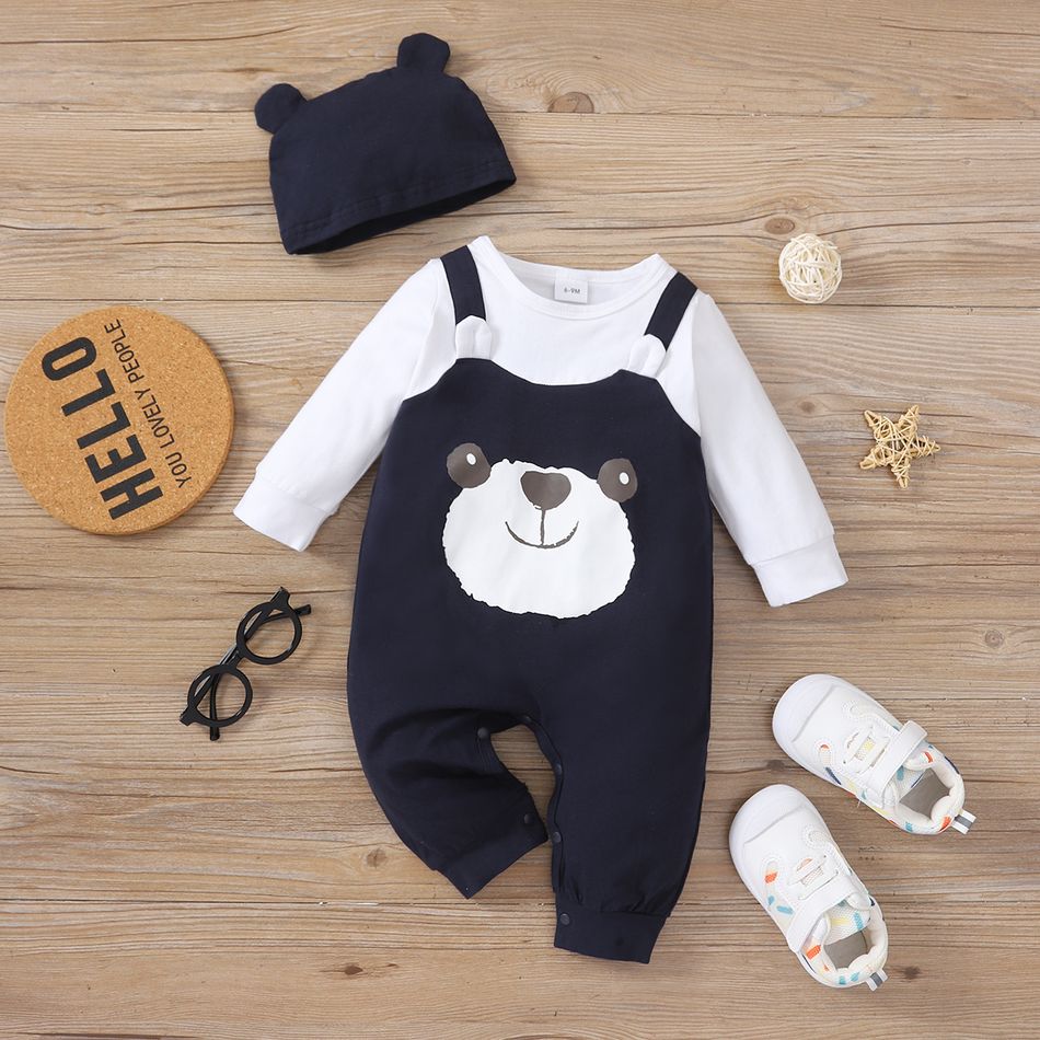 2pcs Baby Boy 95% Cotton Long-sleeve Faux-two Cartoon Panda Jumpsuit with Hat Set Royal Blue big image 1