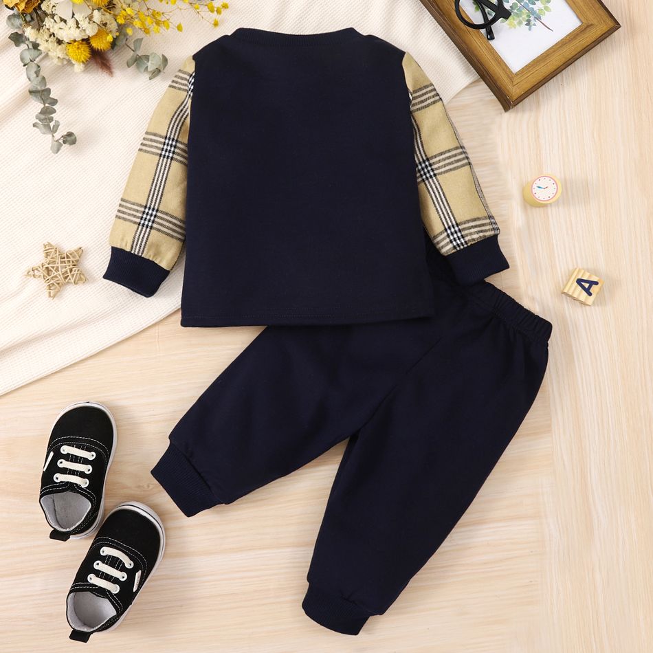 2pcs Baby Boy Letter Embroidered Spliced Plaid Long-sleeve Sweatshirt and Patch Detail Sweatpants Set Tibetanblue big image 2