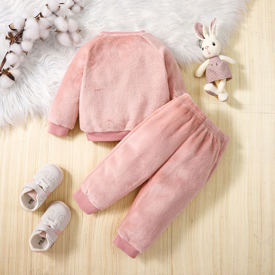 2pcs Baby Girl Fox Ears Design Embroidered Fleece Long-sleeve Pullover and Pants Set Pink big image 3