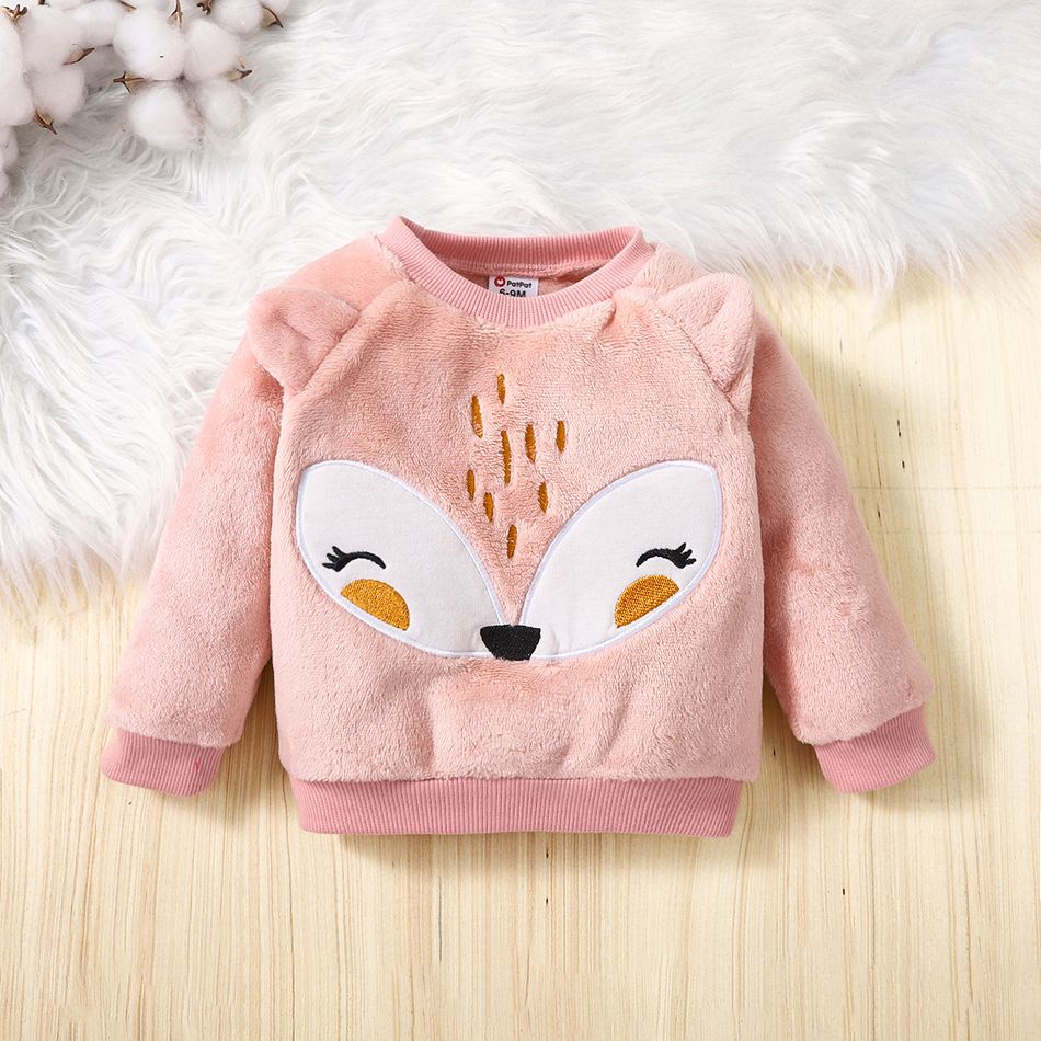 2pcs Baby Girl Fox Ears Design Embroidered Fleece Long-sleeve Pullover and Pants Set Pink big image 4