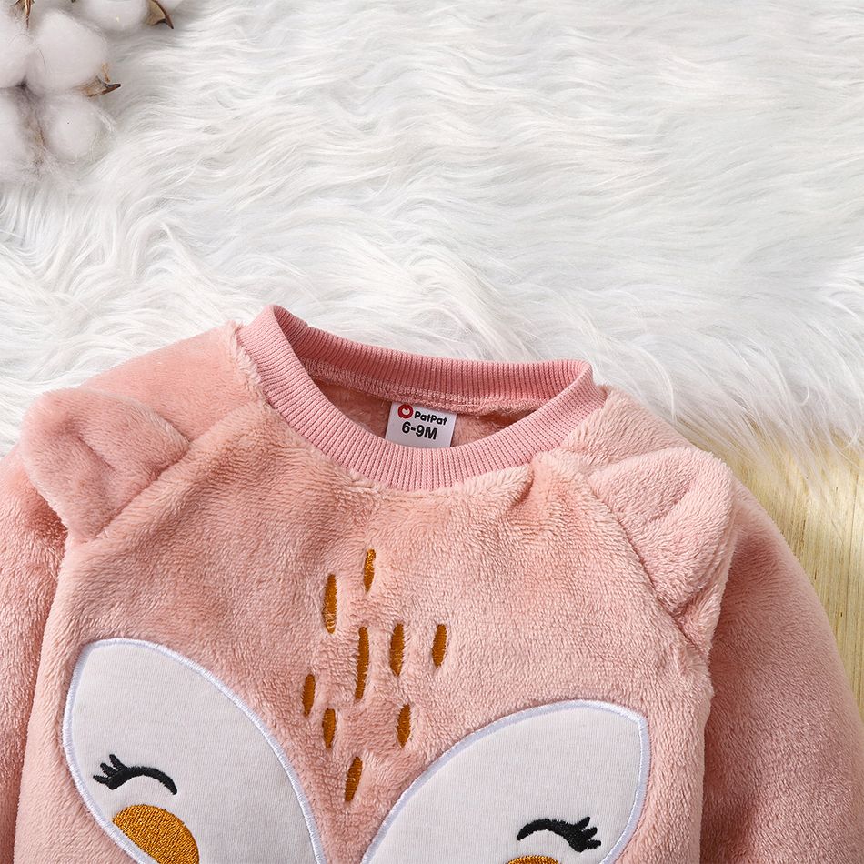 2pcs Baby Girl Fox Ears Design Embroidered Fleece Long-sleeve Pullover and Pants Set Pink big image 5