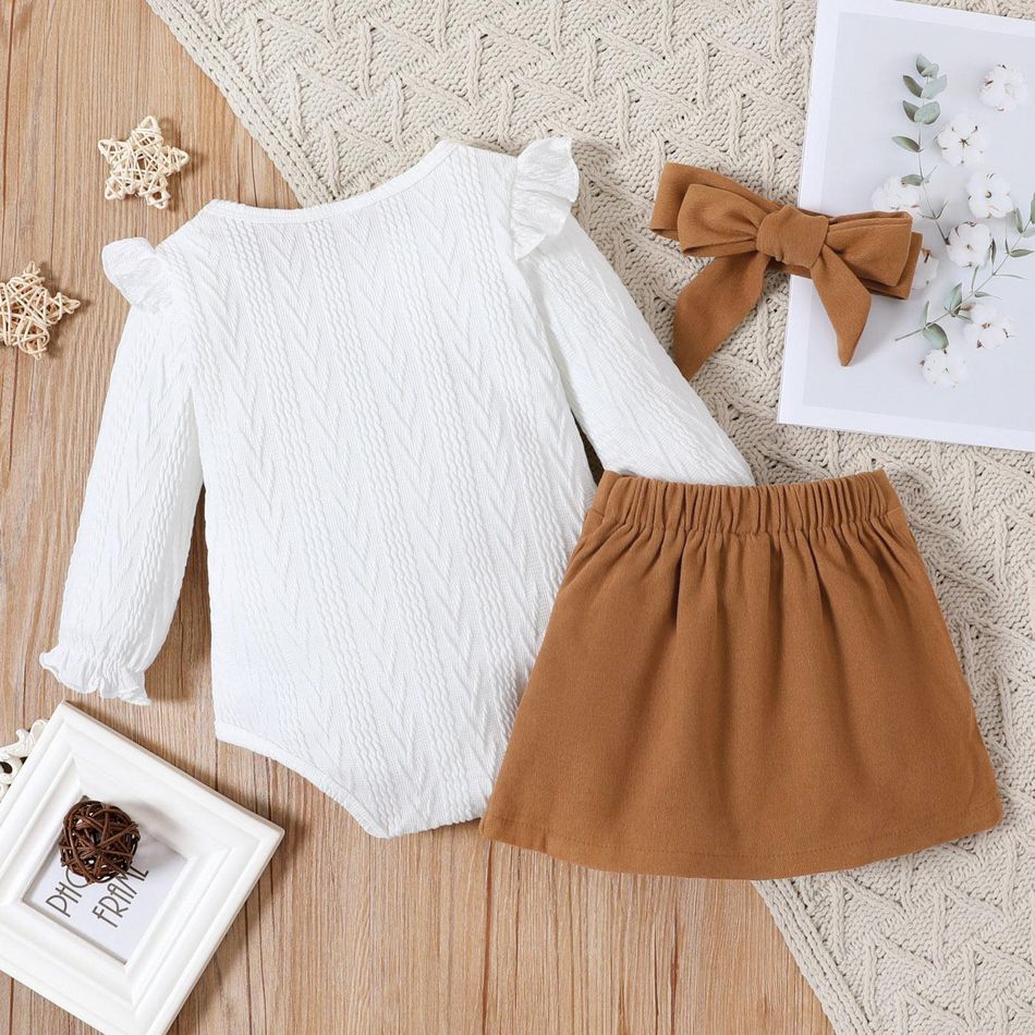 3-piece Baby Girl Ruffled Cable Knit Textured White Sweater, Button Design Brown Skirt and Headband Set White big image 2