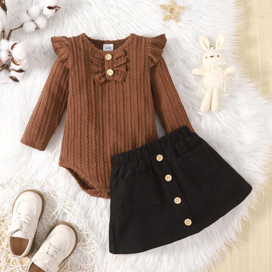 2pcs Baby Girl Solid Cable Knit Ruffle Trim Long-sleeve Romper and Button Front Mini Skirt Set Brown