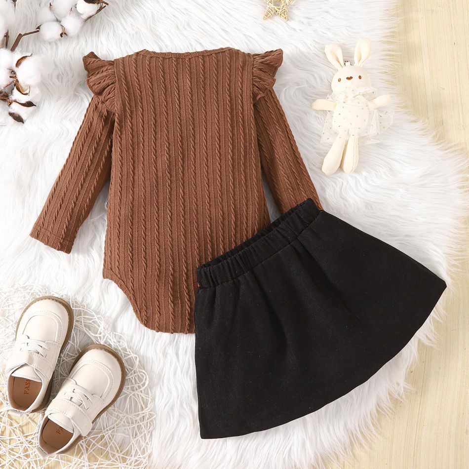 2pcs Baby Girl Solid Cable Knit Ruffle Trim Long-sleeve Romper and Button Front Mini Skirt Set Brown big image 2