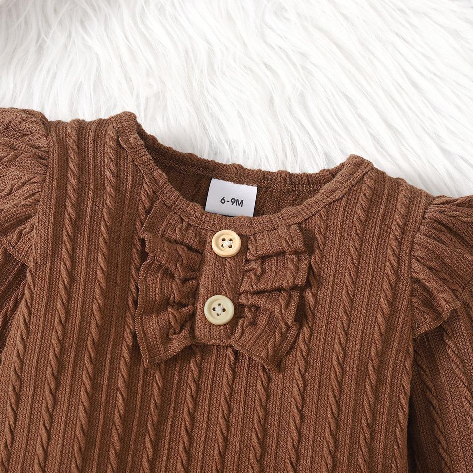 2pcs Baby Girl Solid Cable Knit Ruffle Trim Long-sleeve Romper and Button Front Mini Skirt Set Brown big image 3