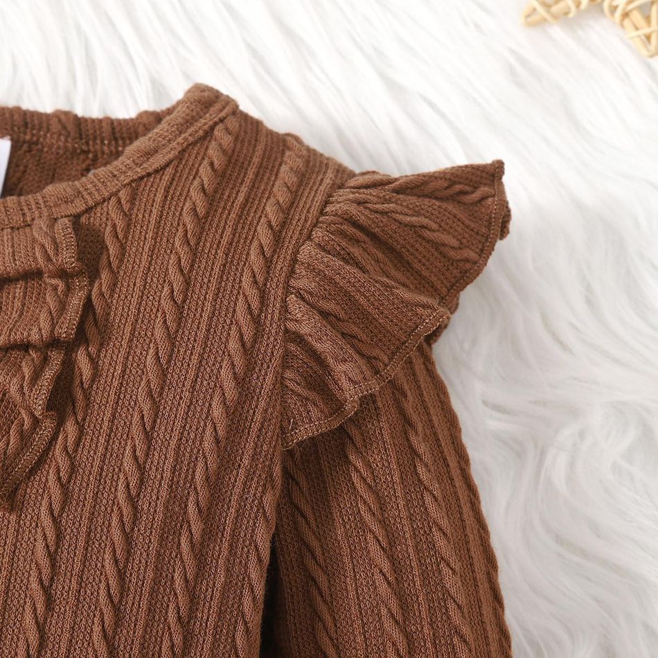 2pcs Baby Girl Solid Cable Knit Ruffle Trim Long-sleeve Romper and Button Front Mini Skirt Set Brown big image 4