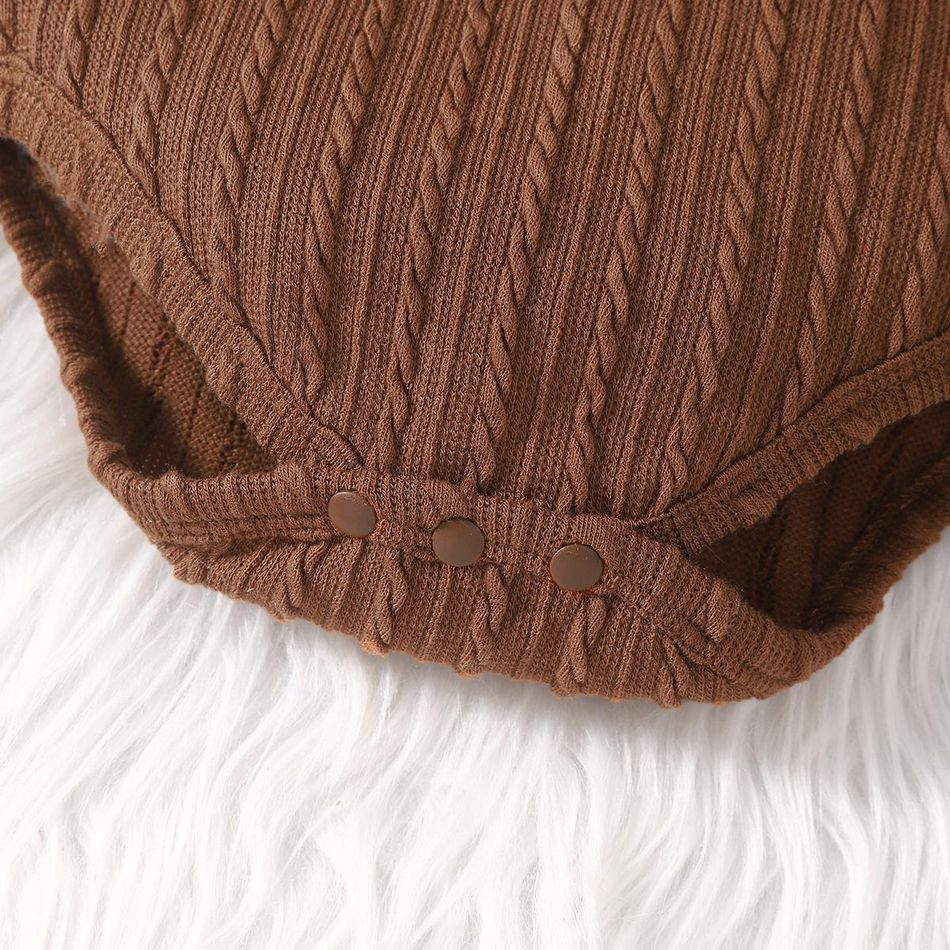 2pcs Baby Girl Solid Cable Knit Ruffle Trim Long-sleeve Romper and Button Front Mini Skirt Set Brown big image 6