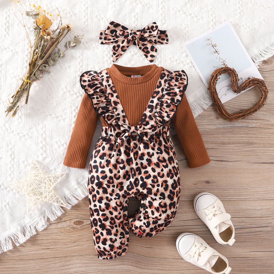 2pcs Baby Girl Leopard Print Ruffle Trim Bow Decor Spliced Solid Ribbed Long-sleeve Jumpsuit with Headband Set Brown