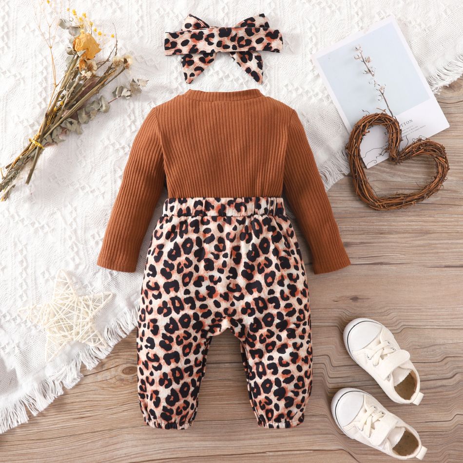 2pcs Baby Girl Leopard Print Ruffle Trim Bow Decor Spliced Solid Ribbed Long-sleeve Jumpsuit with Headband Set Brown big image 2
