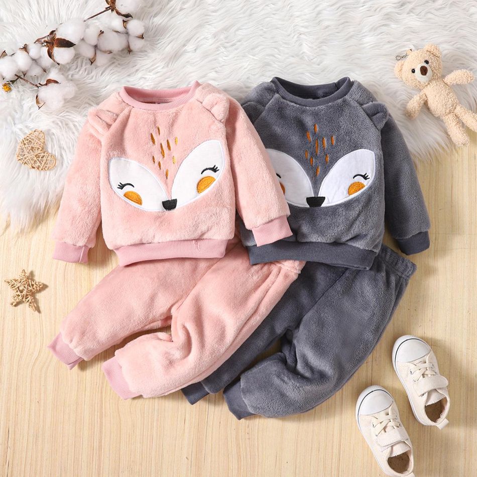 2pcs Baby Girl Fox Ears Design Embroidered Fleece Long-sleeve Pullover and Pants Set Pink big image 2