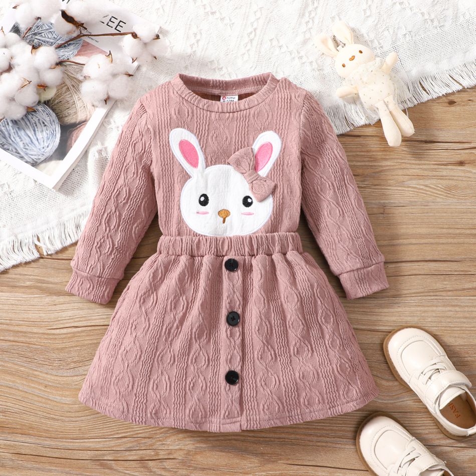 2pcs Baby Girl Rabbit Graphic Pink Cable Knit Long-sleeve Top & Skirt Set Dark Pink big image 2