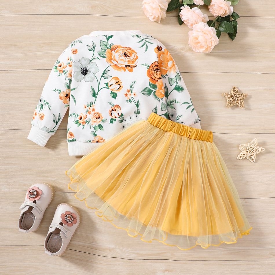 2pcs Baby Girl Long-sleeve Allover Floral Print Sweatshirt and Mesh Skirt Set Yellow big image 2