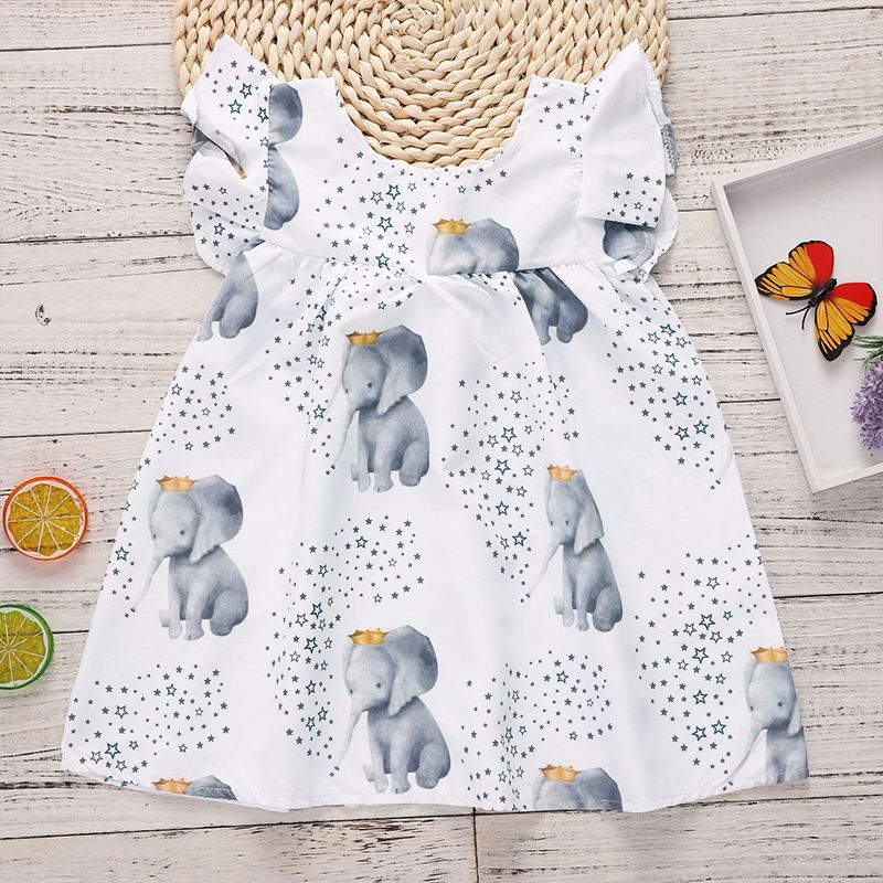 Crown Elephant Star Print Flounce-sleeve Baby Dress White