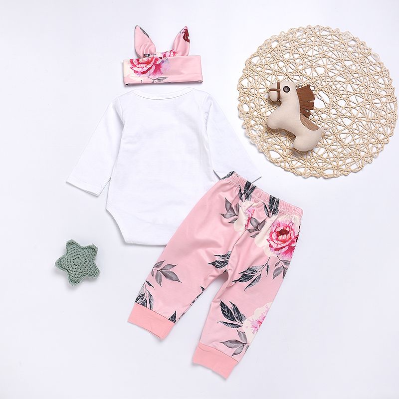 3pcs Baby Girl 95% Cotton Long-sleeve Letter Print Romper and Floral Print Pants with Headband Set White big image 2