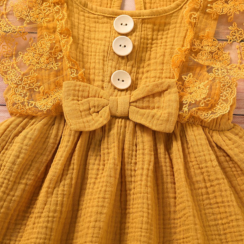 طفلة 95 ٪ قطن كريب بلا أكمام فستان زر BOWKNOT الأصفر big image 2