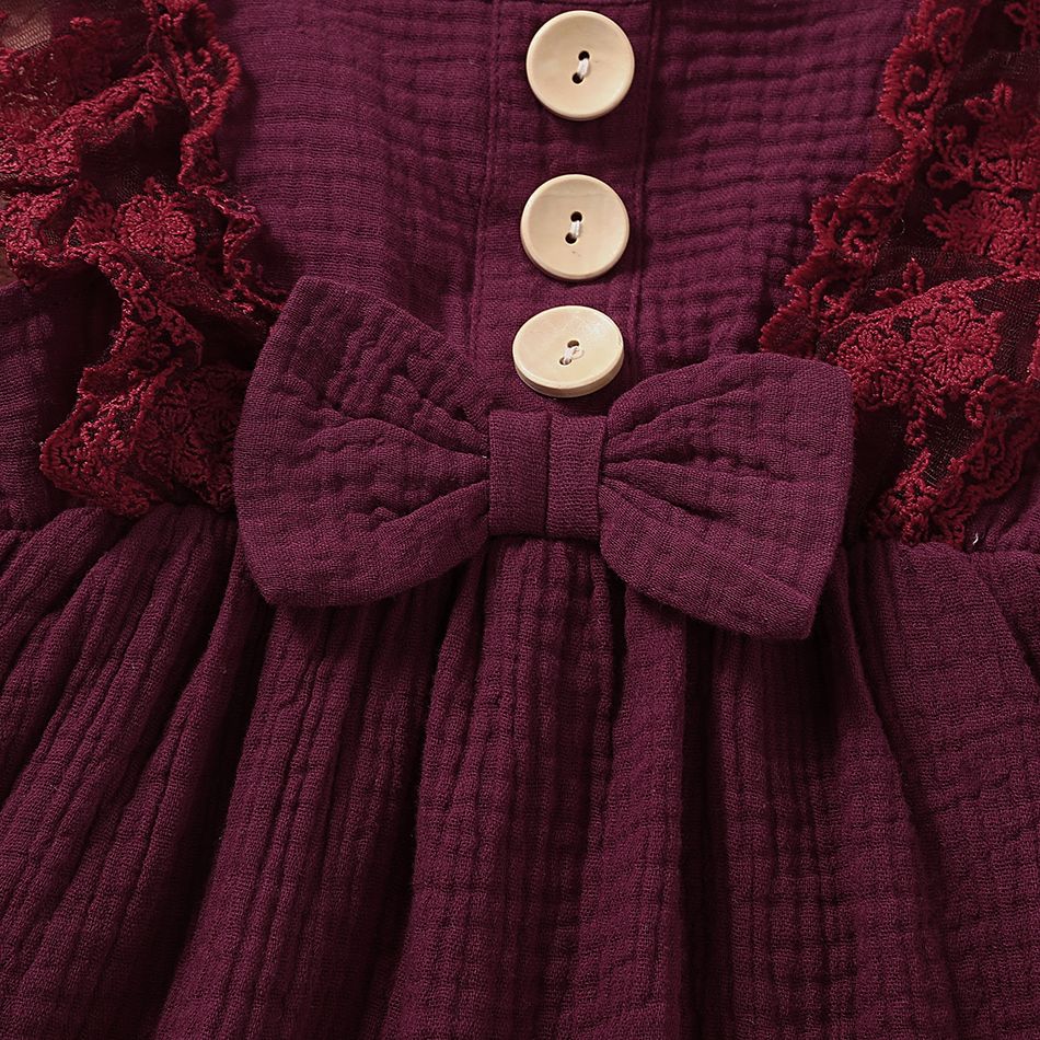 Baby Girl 95% Cotton Crepe Sleeveless Lace Bowknot Button Dress Burgundy big image 2